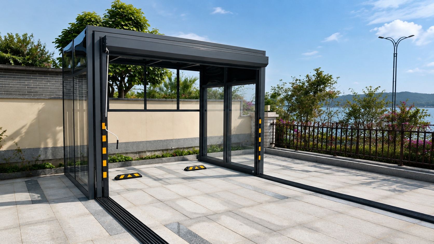 Side-by-side comparison of SunnyJoy retractable garage and traditional fixed carport for vehicle protection