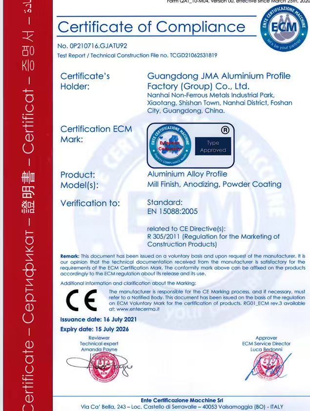 Aluminium Profile Conformity Certificate