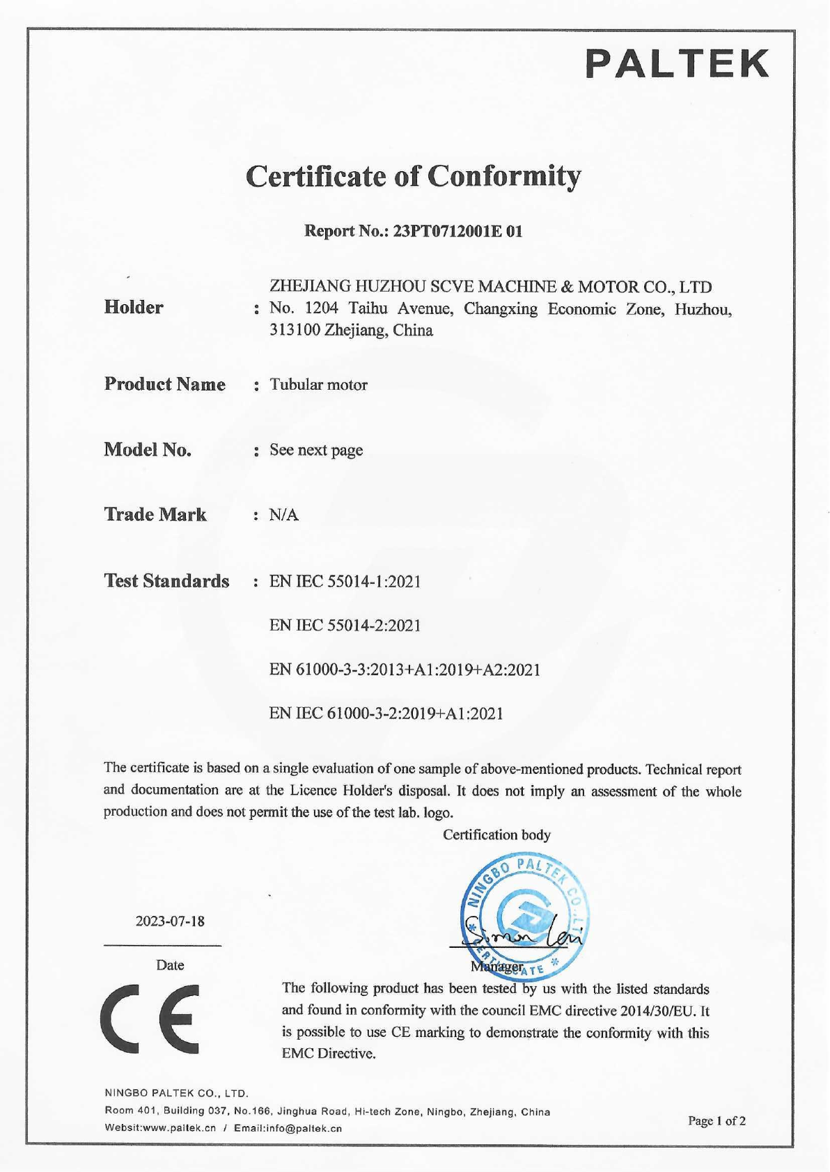 EMC Certificate of Conformity