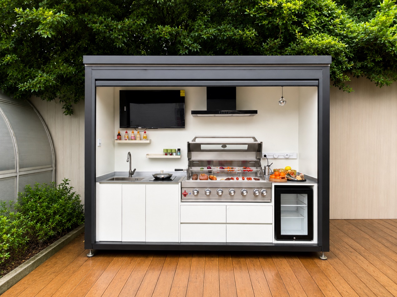 SunnyJoy Außenküche mit Grill, Spüle, Schränken und Glastürkühlschrank
