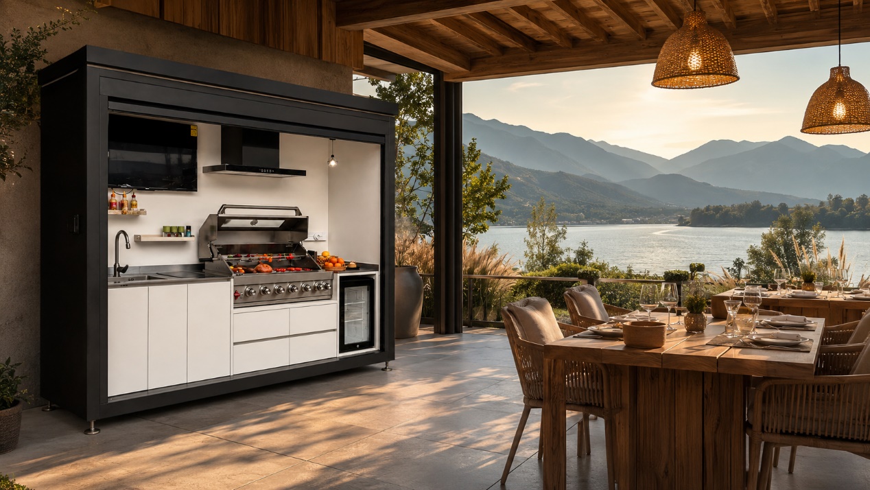 Integrated outdoor kitchen designed as part of a complete outdoor living environment