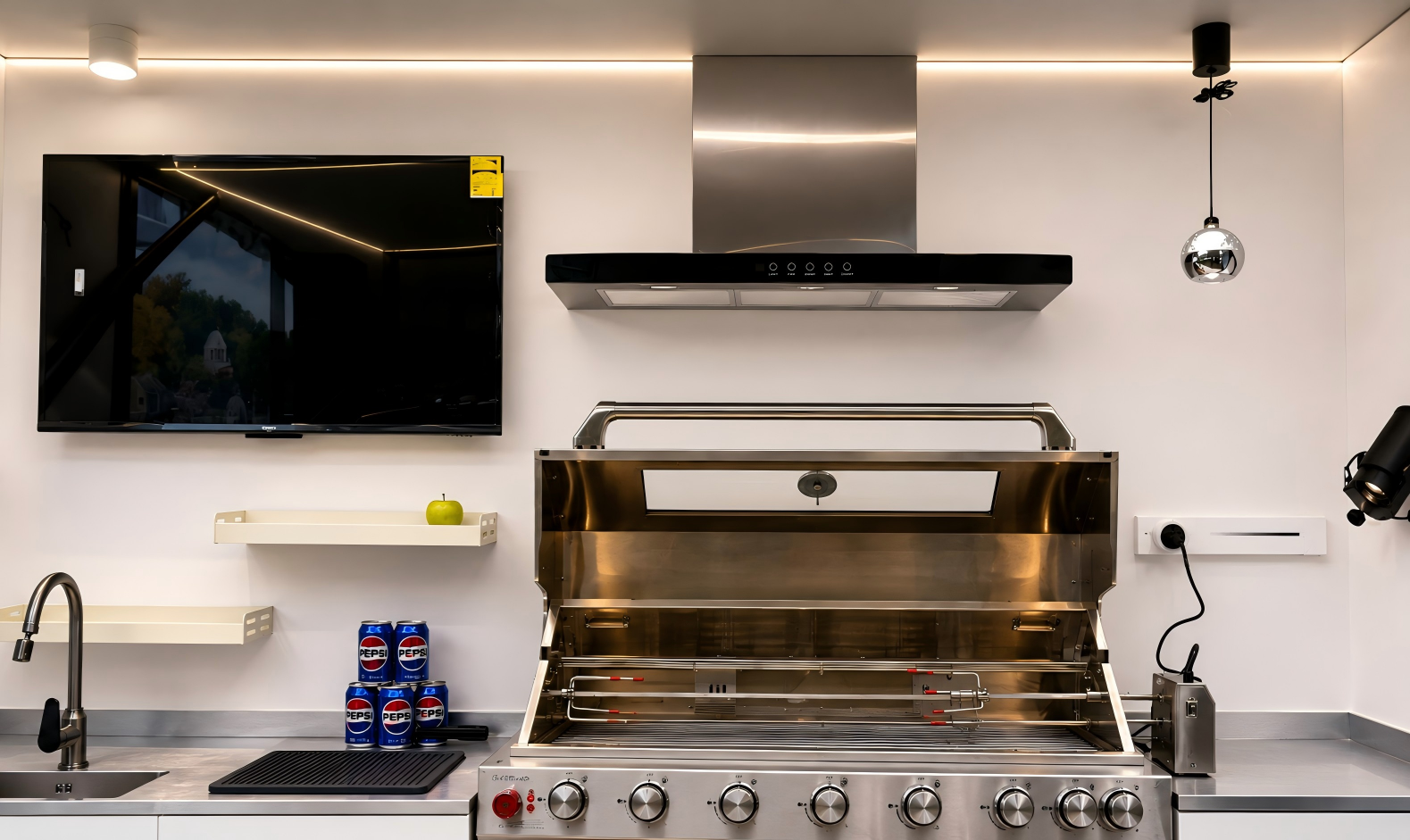 Outdoor kitchen coordinated with cooking, lighting, extraction and entertainment equipment