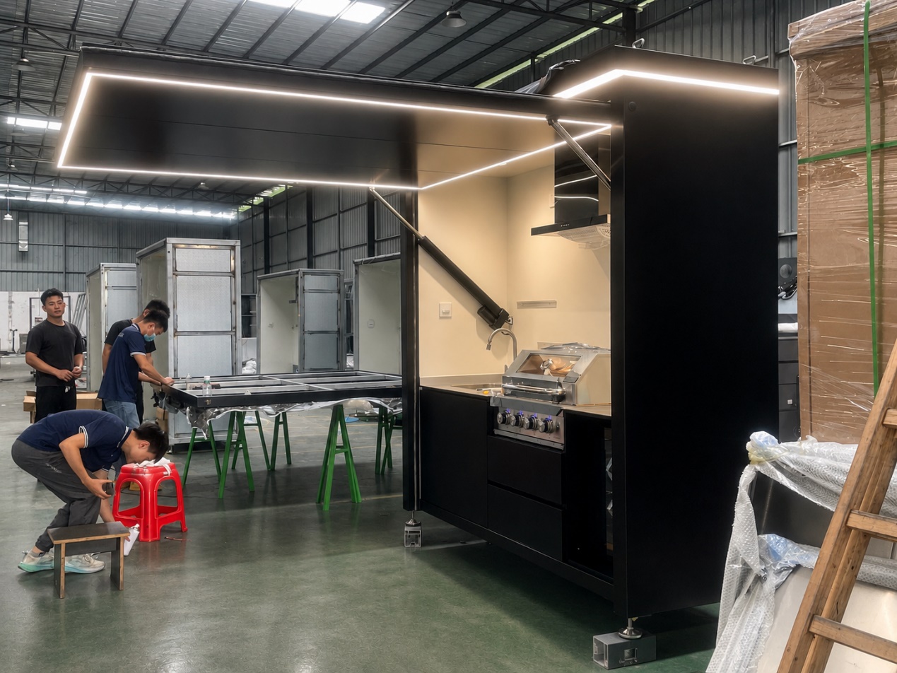 Outdoor kitchen with integrated task lighting and evening entertainment equipment
