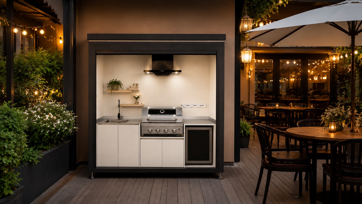 Modular outdoor kitchen serving a hotel or resort dining terrace