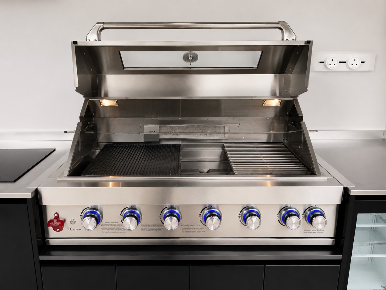 Integrated grill and cooking controls in a modular outdoor kitchen