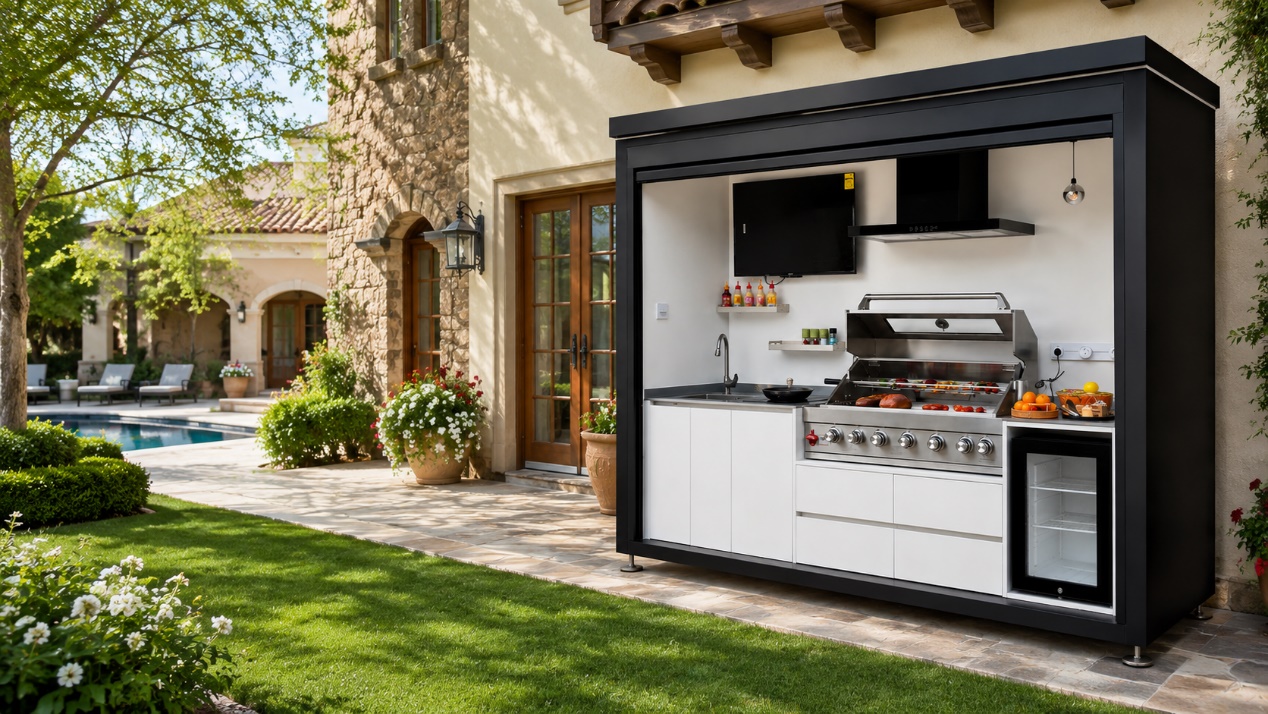 Modular outdoor kitchen installed beside a villa pool area