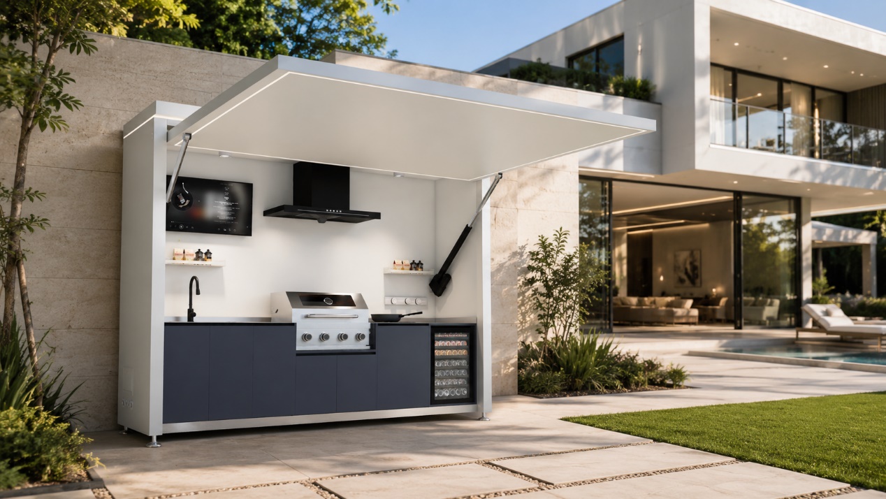 Outdoor kitchen with an open canopy at a modern hospitality property