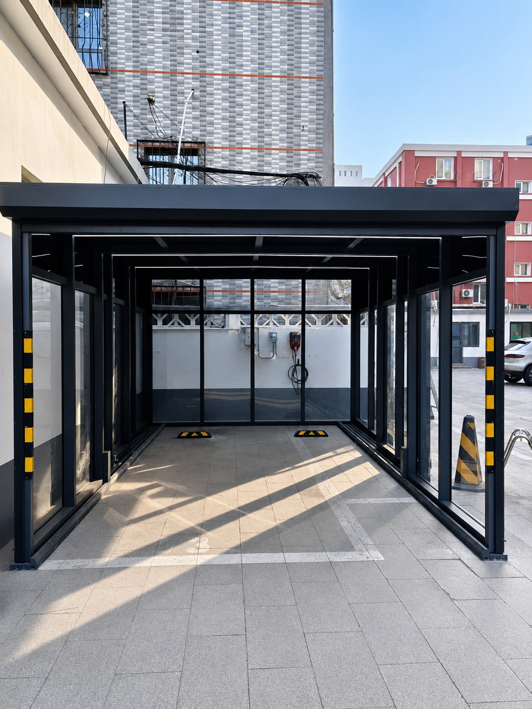 Front view through nested frames of a retractable garage