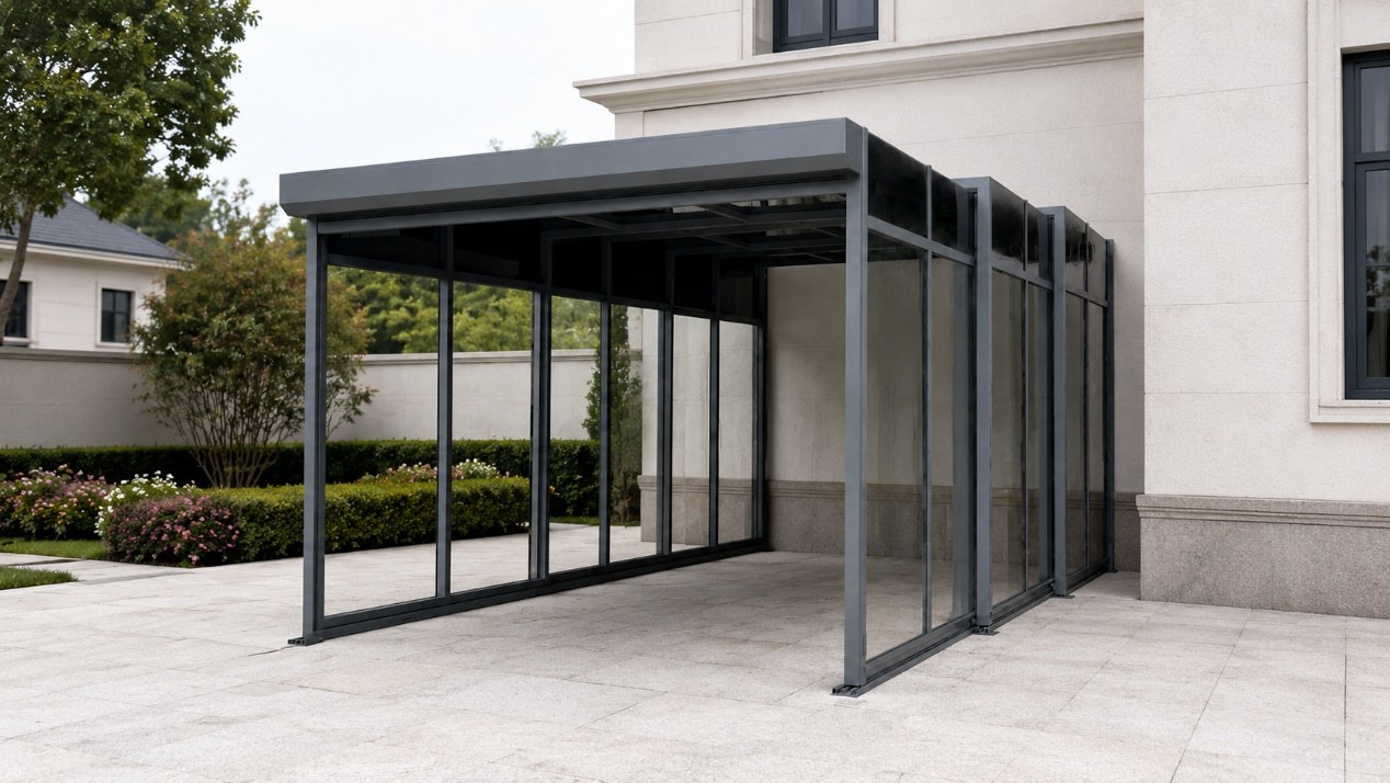 A retractable garage installed beside a modern villa